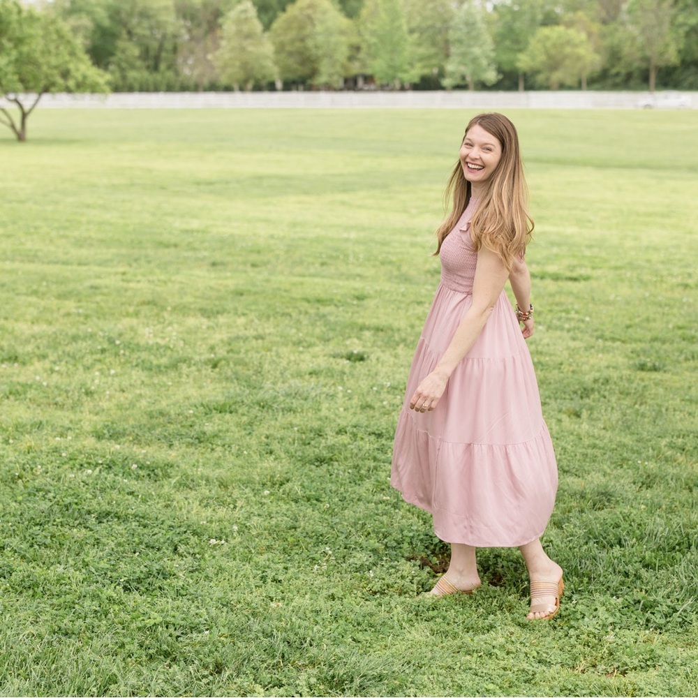 ZESICA Flutter Sleeve Pink Crew Neck Smocked Elastic Waist Tiered Midi Dress